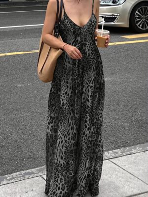 Leopard Printed V-Neck Backless Cami Maxi Dress