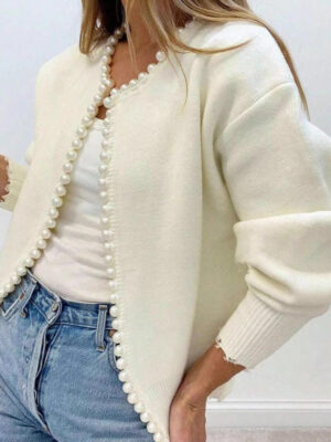 Pearl-Trimmed Crew-Neck Heavy-Detail Knit Cardigan