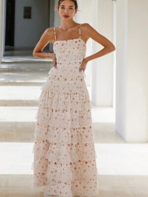 Lace Trim Printed Tiered Ruffle Hem Cami Maxi Dress