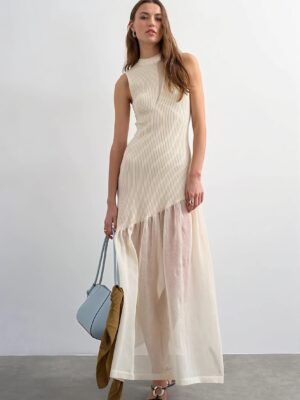 Ribbed Knit Mesh Panel Maxi Dress