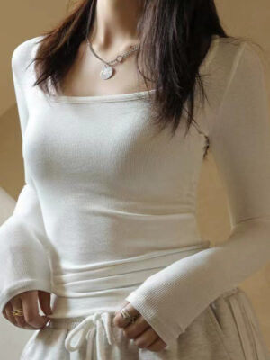 Square Neck Ribbed Stripe Panel Knit Top