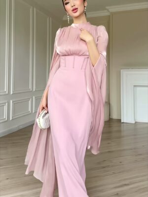 Glossy Flowy Sleeve Fitted Maxi Dress