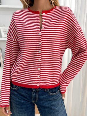 Striped Knit Round Neck Cardigan