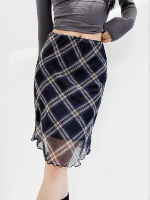 High-Waist Contrast Plaid Bodycon Skirt