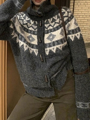 Jacquard Collar Horn Button Retro Loose Knit Cardigan