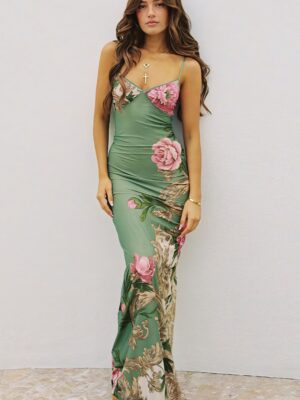Printed V-Neck Spaghetti Strap Backless Maxi Dress