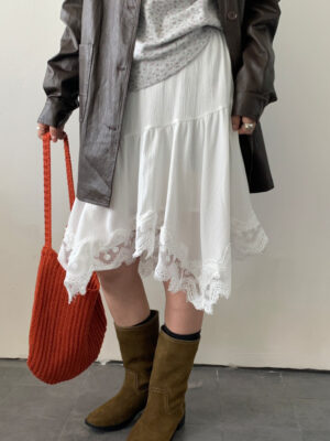 Asymmetrical Lace Panel Midi Skirt