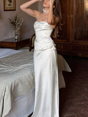 Satin Shirred Strapless Maxi Dress
