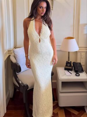 Lace Halter Tie Back Bodycon Maxi Dress