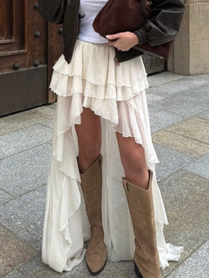 Asymmetrical Hem A-Line Skirt with Layered Detail