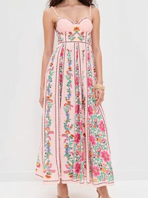 Linen Floral Spaghetti Long Boho Dress