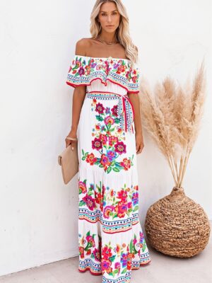 Ruffle Off-Shoulder Bright Long Boho Dress