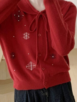 Beaded Snowflake Tie Collar Cardigan